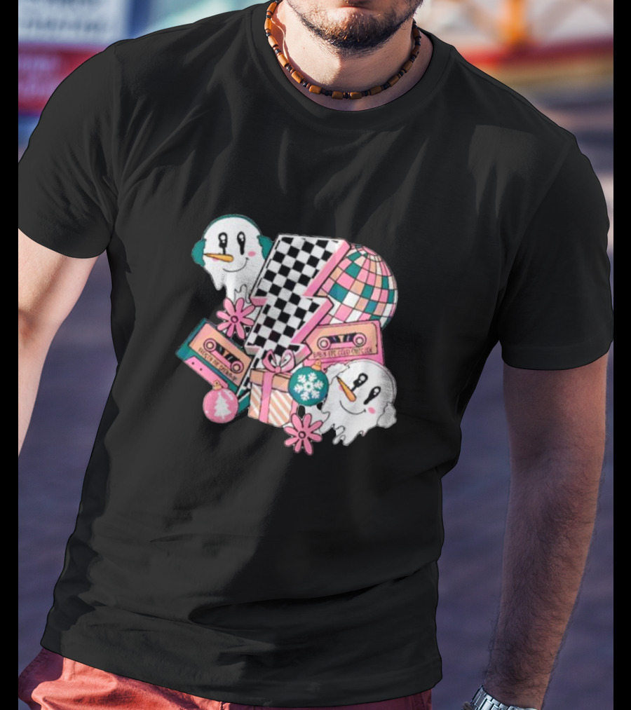 Christmas Lightning Bolt Snowman Retro Ghost Disco Cassette T-Shirt