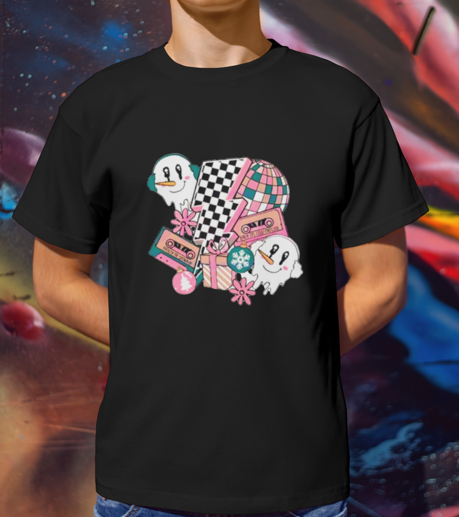 Christmas Lightning Bolt Snowman Retro Ghost Disco Cassette T-Shirt