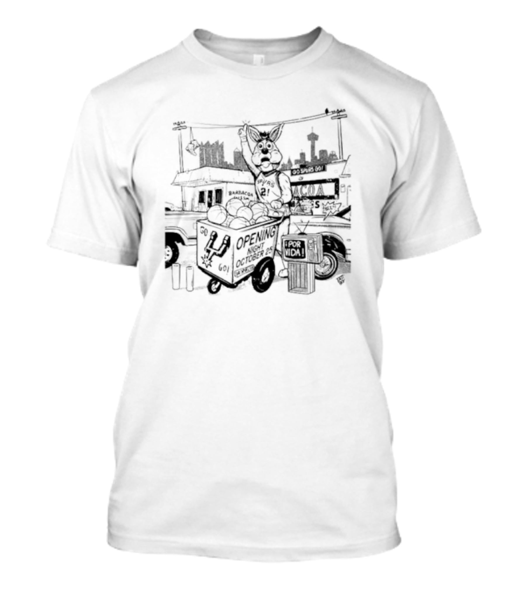 San Antonio's Puro Culture Spurs Por Vida Opening October 21 Barbacoa Texas Scene Featuring Basketball Iconic Symbols T-Shirt