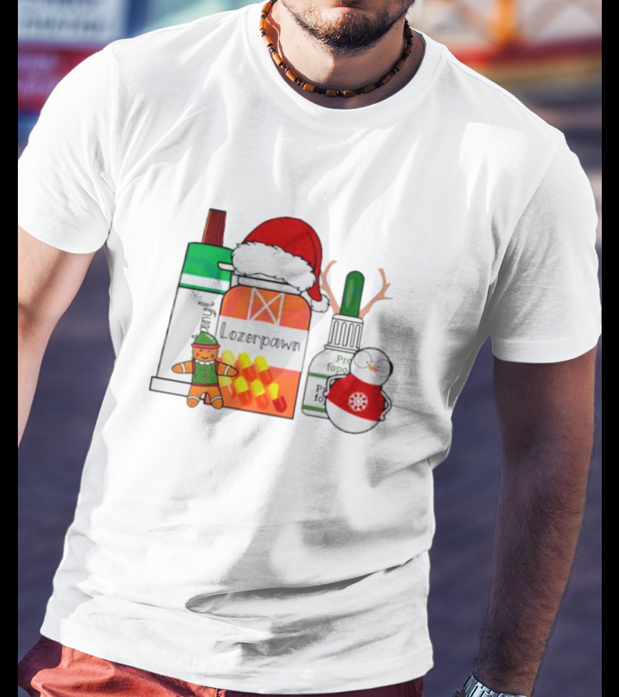 Christmas Pharmacy Technician Santa Hat Pill Bottles Gingerbread Snowman T-Shirt
