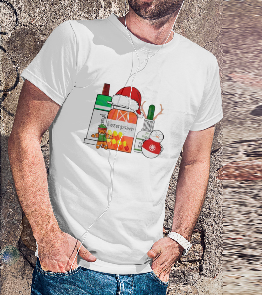 Christmas Pharmacy Technician Santa Hat Pill Bottles Gingerbread Snowman T-Shirt