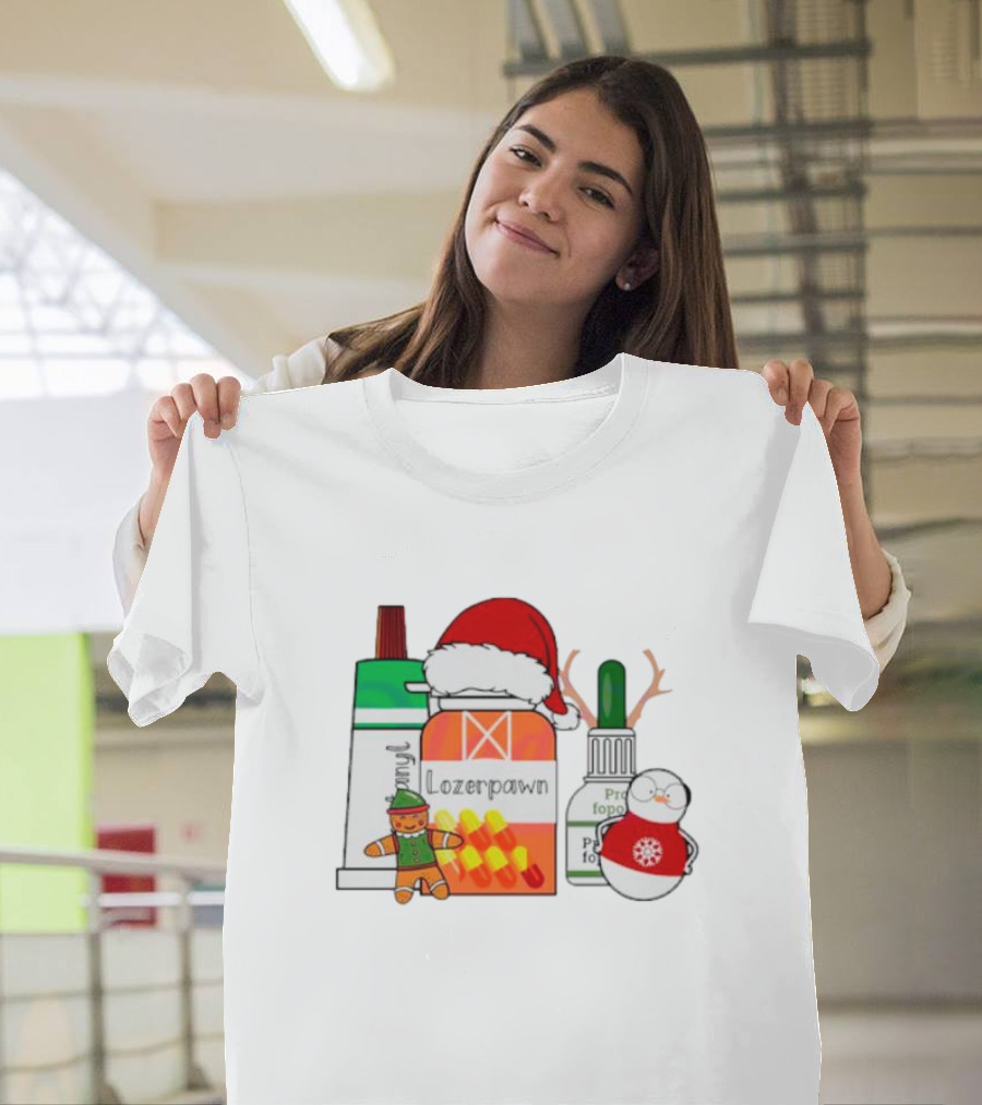 Christmas Pharmacy Technician Santa Hat Pill Bottles Gingerbread Snowman T-Shirt