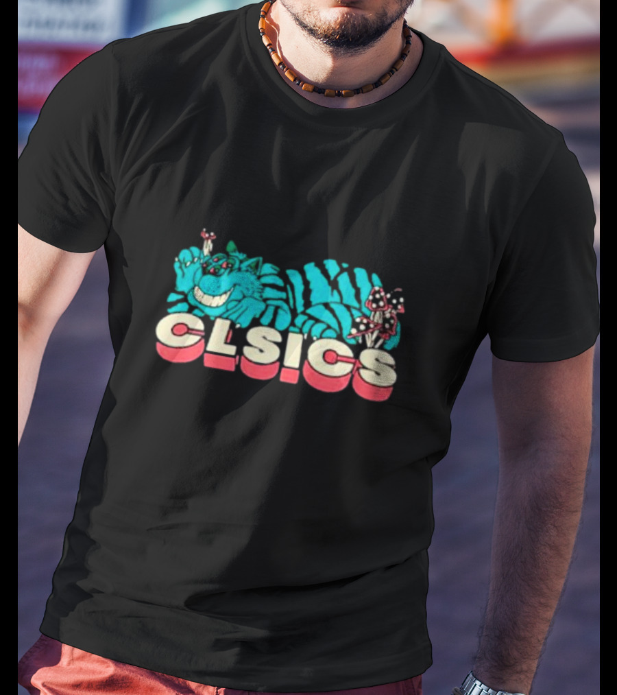 CLSICS Smiling Blue Striped Cat Fun Mushrooms T-Shirt