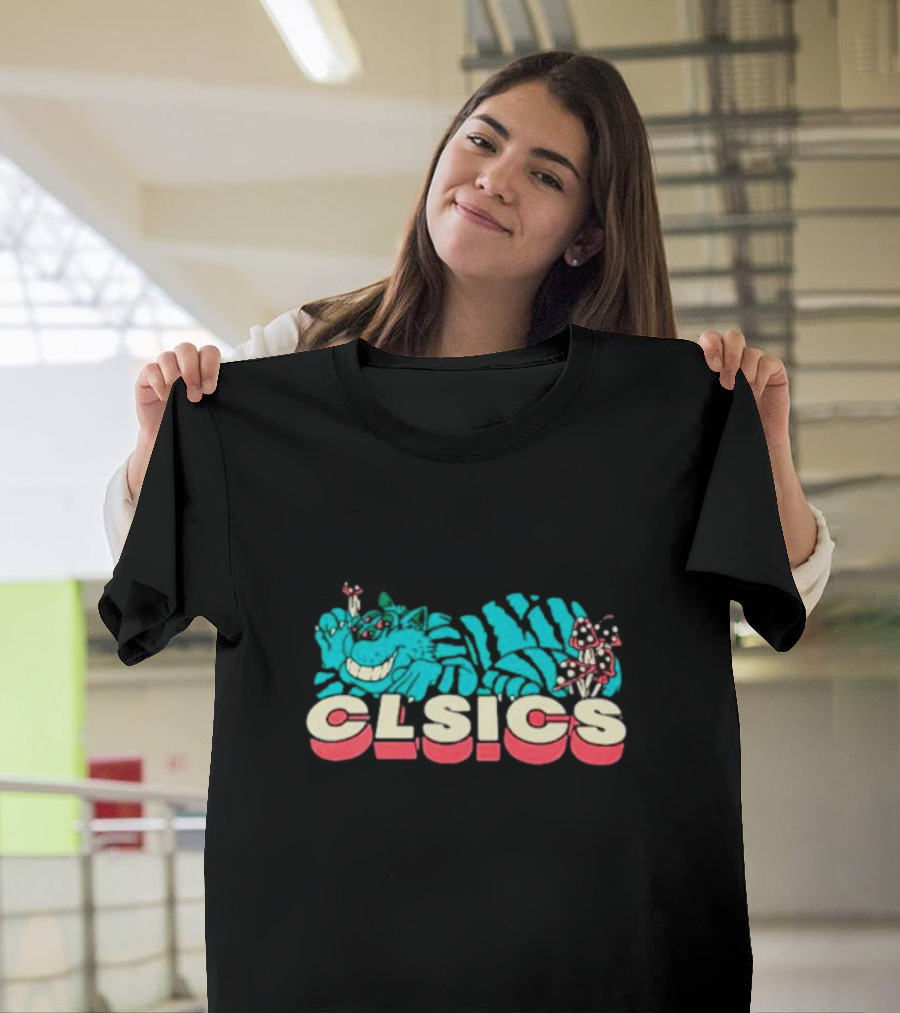 CLSICS Smiling Blue Striped Cat Fun Mushrooms T-Shirt