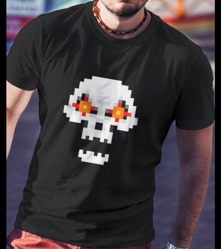Crossing Skull Log Pixelated Gaming Skull With Red-Eyed Glare T-Shirt