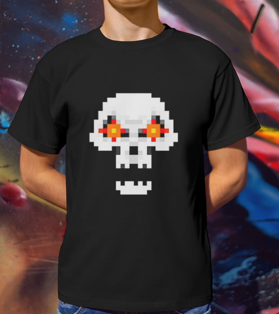 Crossing Skull Log Pixelated Gaming Skull With Red-Eyed Glare T-Shirt