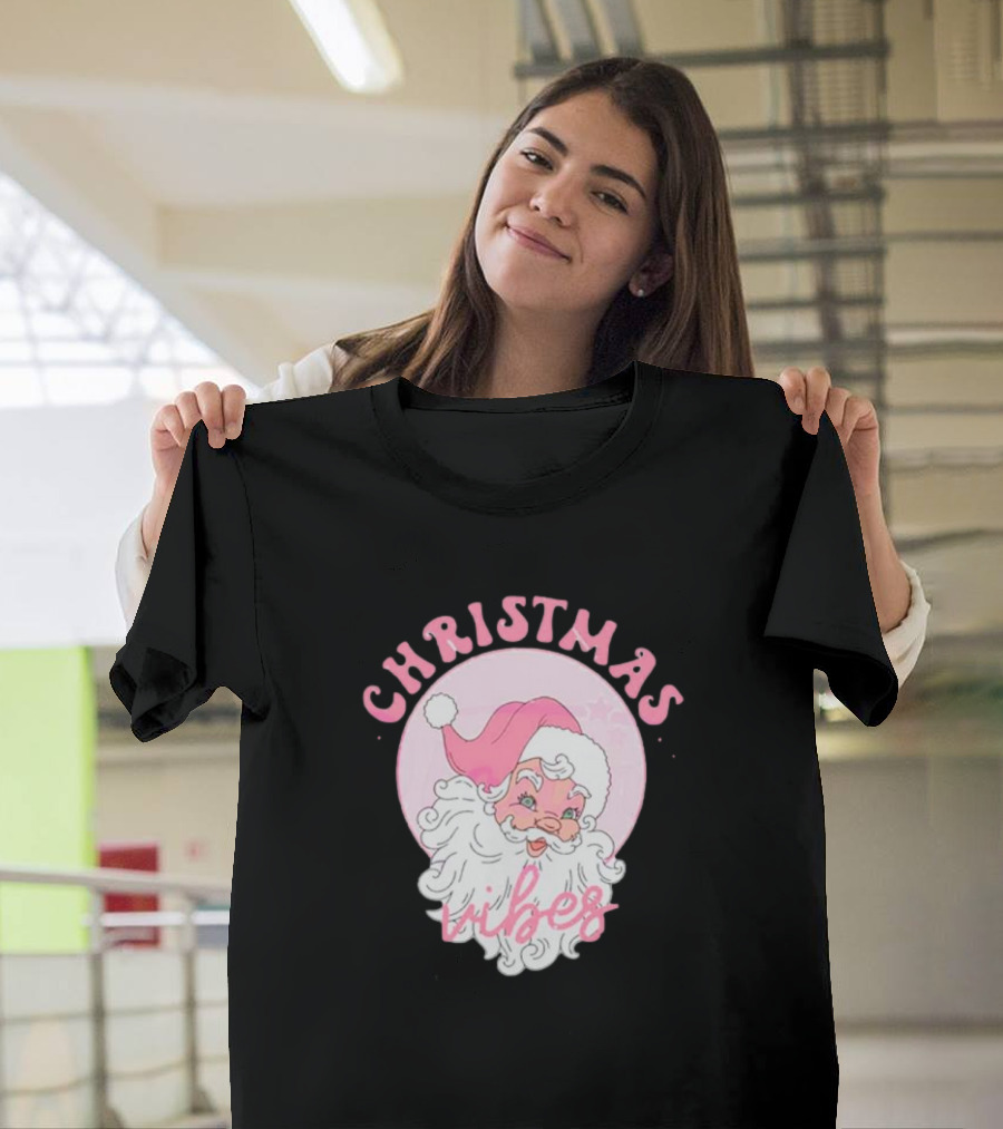 Christmas Vibes Santa Claus Pink Background T-Shirt