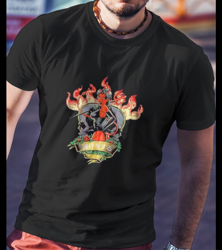 Devil Babe Racing In Flames With Japanese Text And Skull Elements T-Shirt