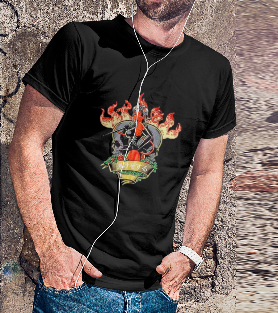 Devil Babe Racing In Flames With Japanese Text And Skull Elements T-Shirt