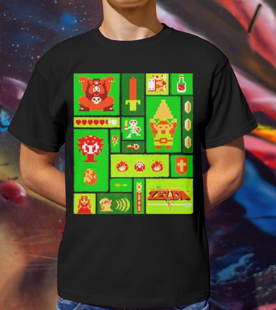 Legend Of Zelda Pixel Art Collage Retro Gaming Icons T-Shirt