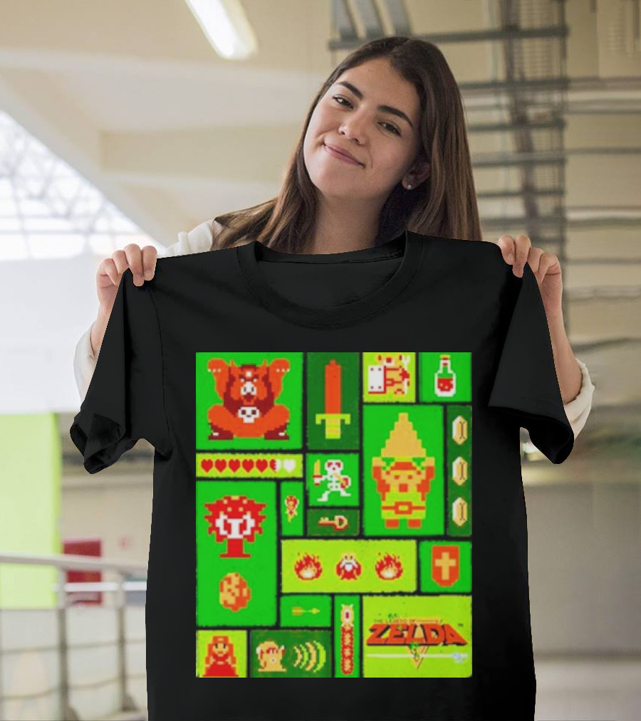 Legend Of Zelda Pixel Art Collage Retro Gaming Icons T-Shirt