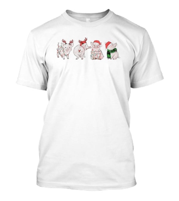 Pig Christmas Santa Hat With Reindeer And Festive Decorations T-Shirt