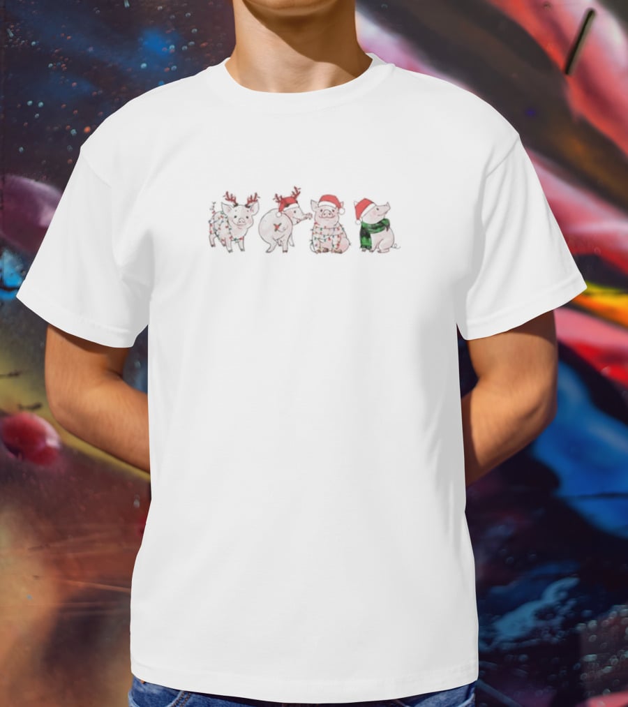 Pig Christmas Santa Hat With Reindeer And Festive Decorations T-Shirt