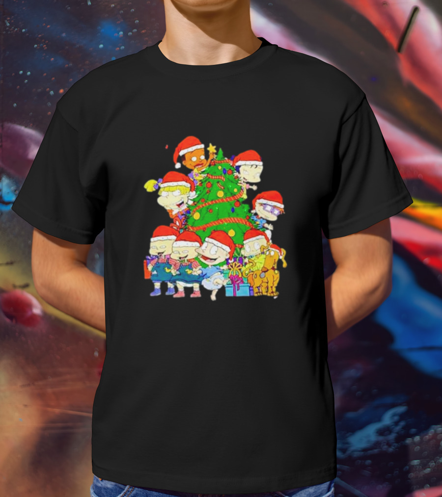 Rugrats Characters In Santa Hats Around Christmas Tree Movie Scene T-Shirt