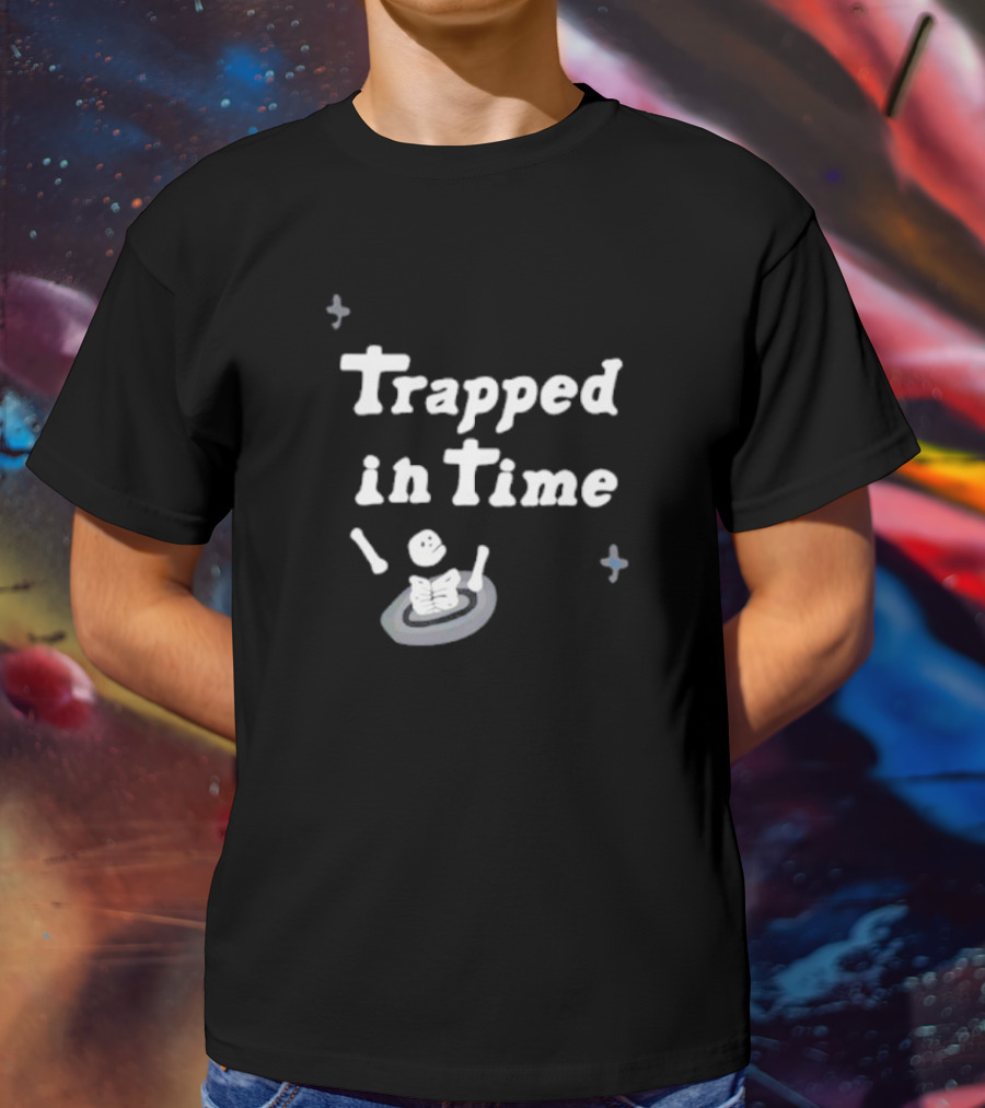Trapped In Time Skeleton Reading A Book In A Boat With Sparks T-Shirt