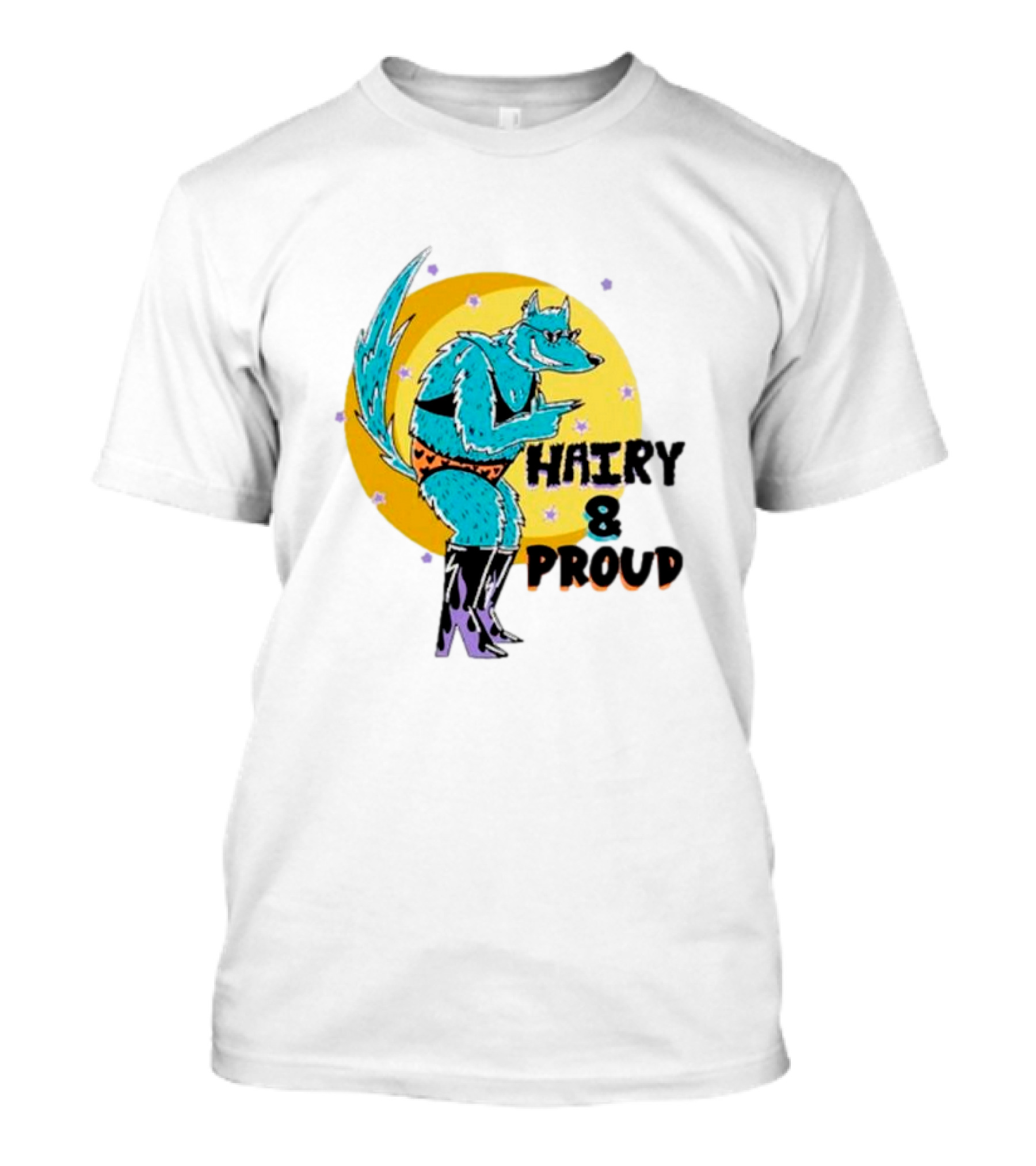 Wofl Hairy And Proud: Blue Wolf Character With Moon Background And Stars T-Shirt