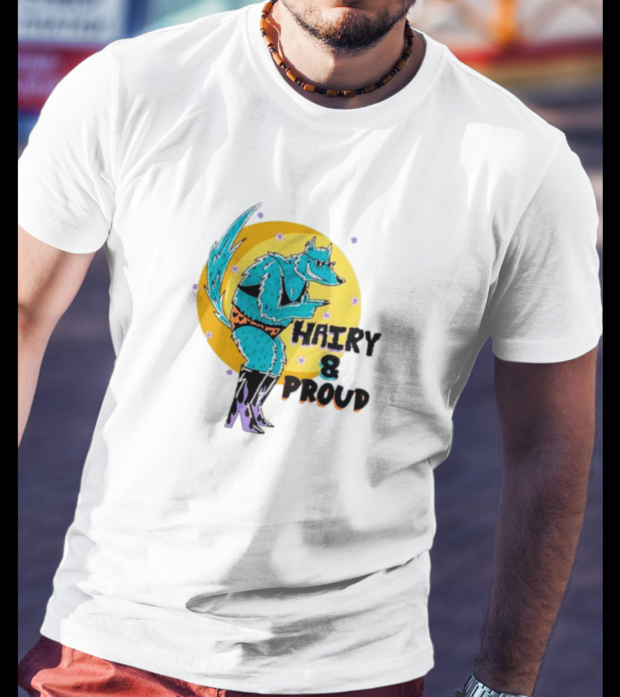 Wofl Hairy And Proud: Blue Wolf Character With Moon Background And Stars T-Shirt