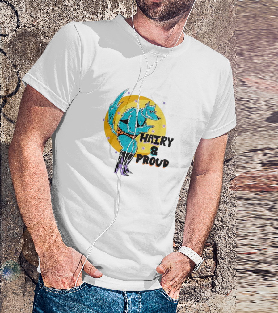 Wofl Hairy And Proud: Blue Wolf Character With Moon Background And Stars T-Shirt