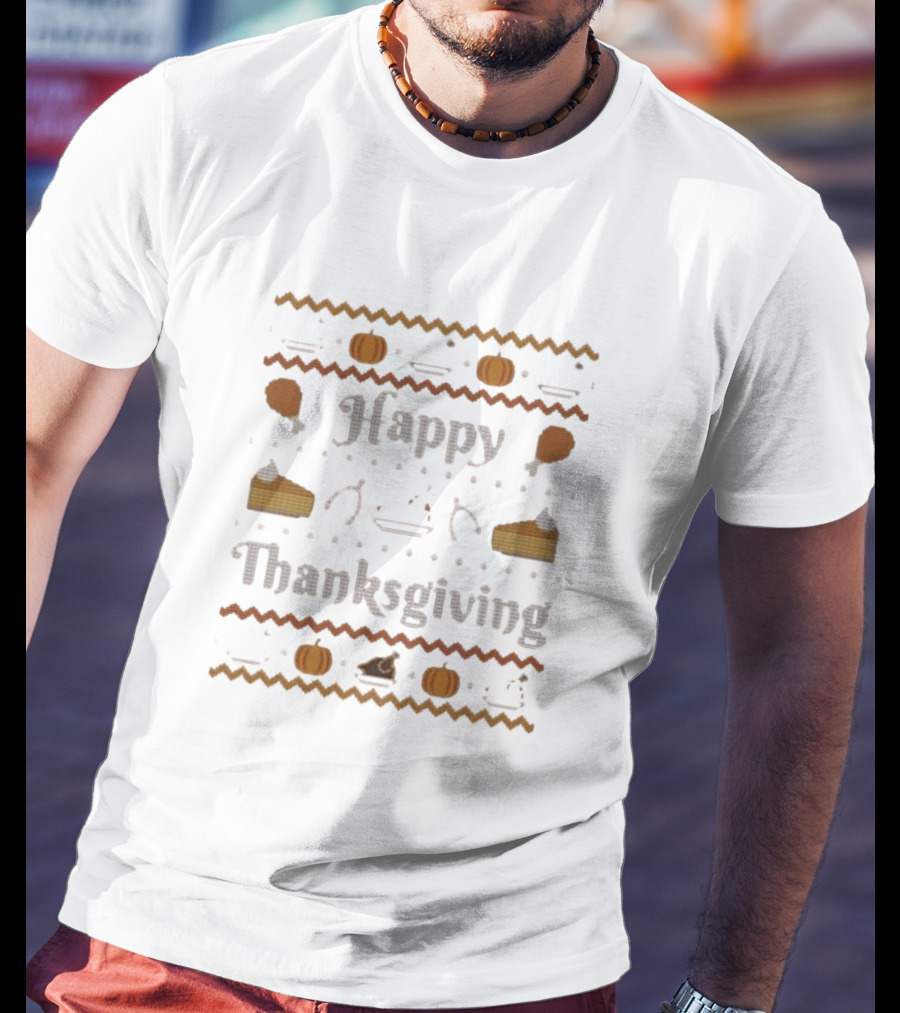 Happy Thanksgiving Pumpkin Pie Turkey Cross-Stitch T-Shirt