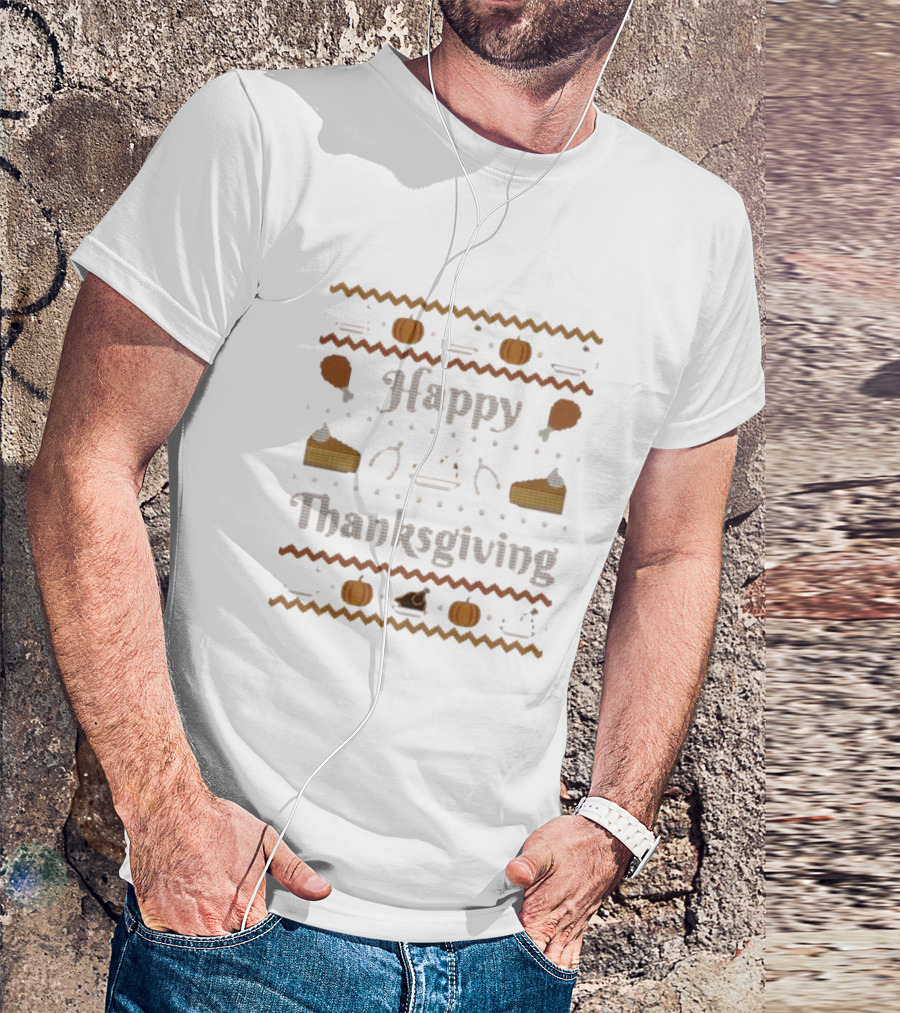 Happy Thanksgiving Pumpkin Pie Turkey Cross-Stitch T-Shirt