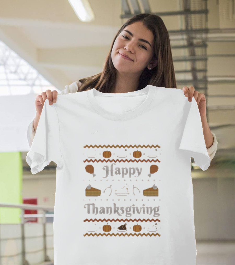 Happy Thanksgiving Pumpkin Pie Turkey Cross-Stitch T-Shirt