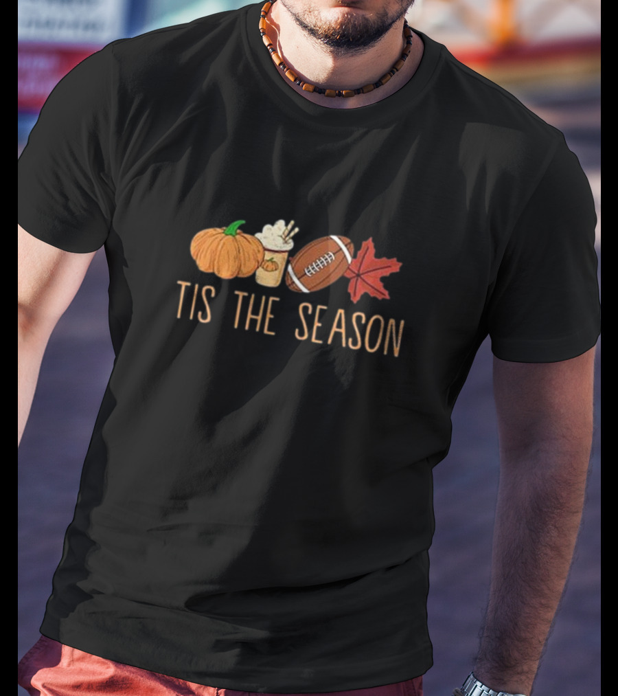 Tis The Season Pumpkin Latte Football And Fall Leaf T-Shirt