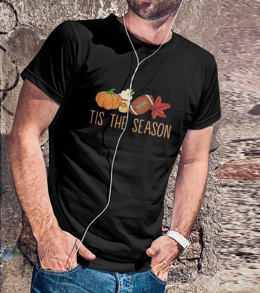 Tis The Season Pumpkin Latte Football And Fall Leaf T-Shirt