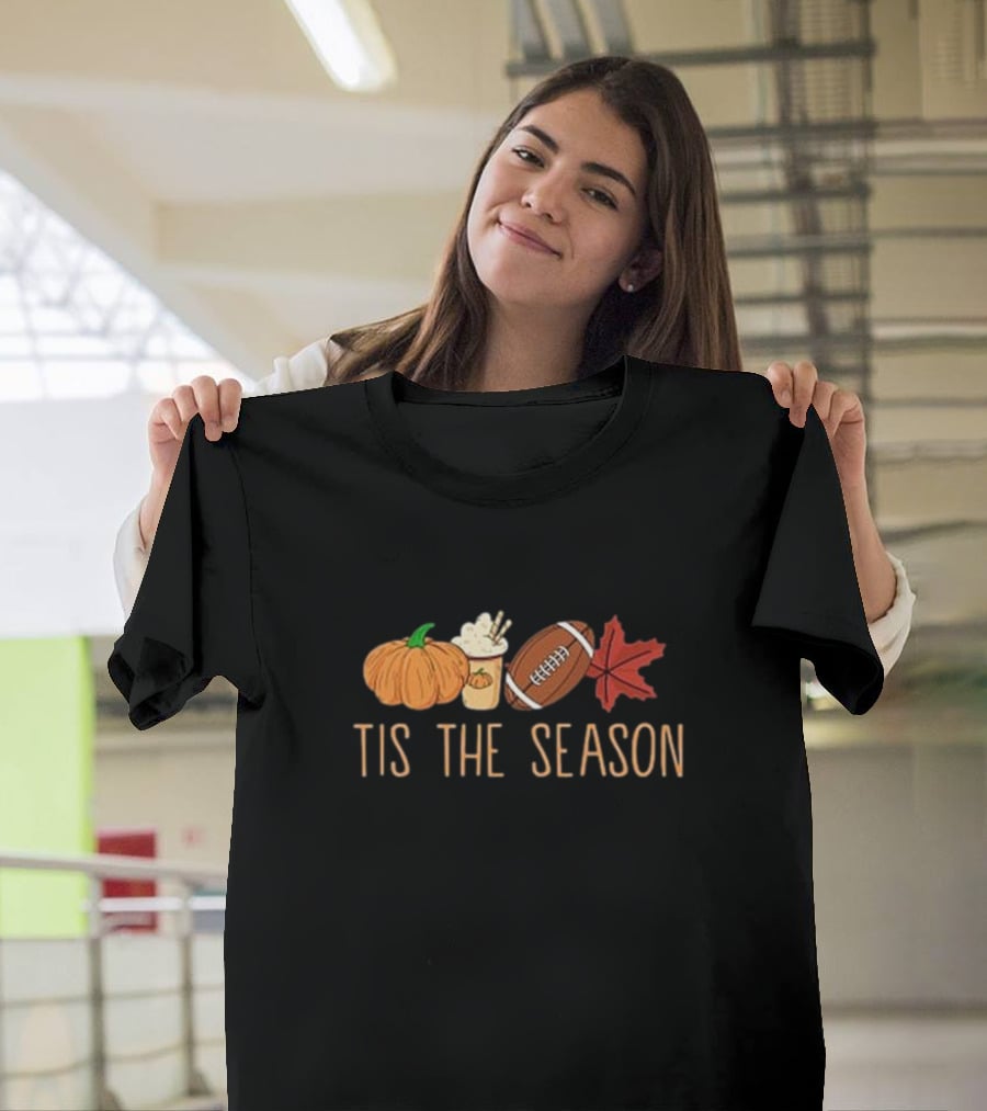 Tis The Season Pumpkin Latte Football And Fall Leaf T-Shirt