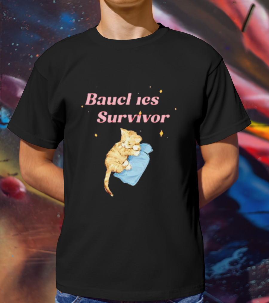 Bauchies Survivor Cat Kitten Holding Blue Blanket T-Shirt