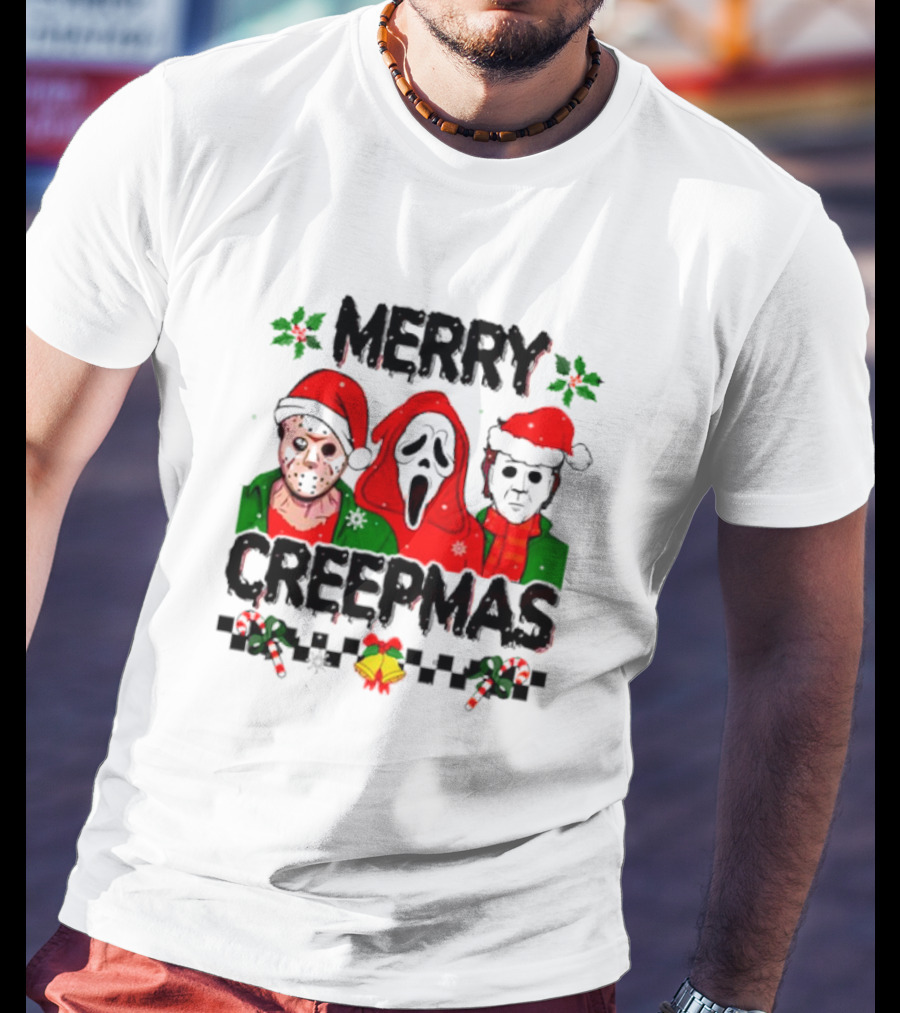 Merry Creepmas Horror Characters With Festive Scary Holiday T-Shirt