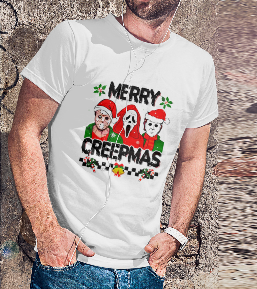 Merry Creepmas Horror Characters With Festive Scary Holiday T-Shirt