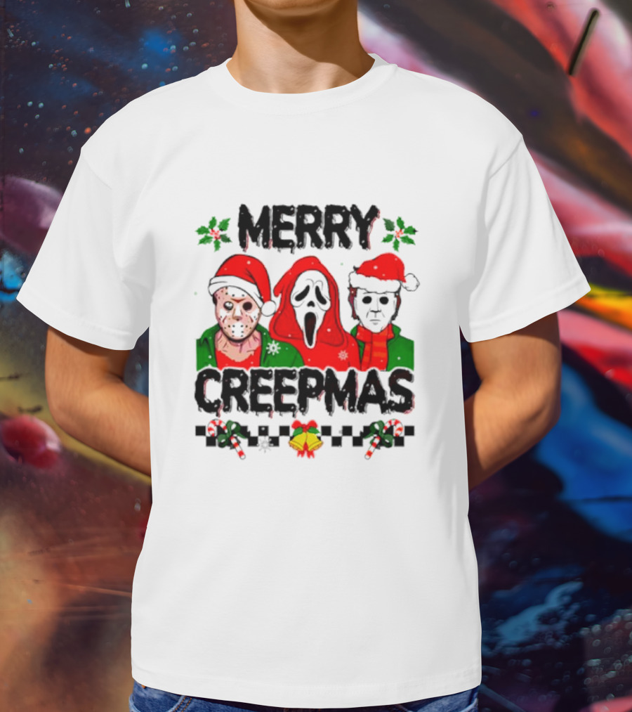 Merry Creepmas Horror Characters With Festive Scary Holiday T-Shirt