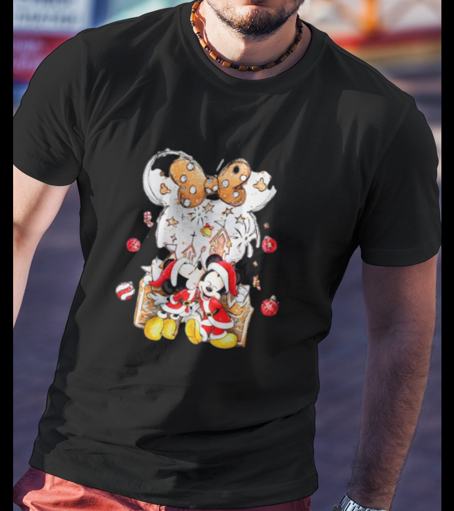 Mickey And Minnie Christmas Castle Gingerbread Mouse Ears Holiday Scene T-Shirt