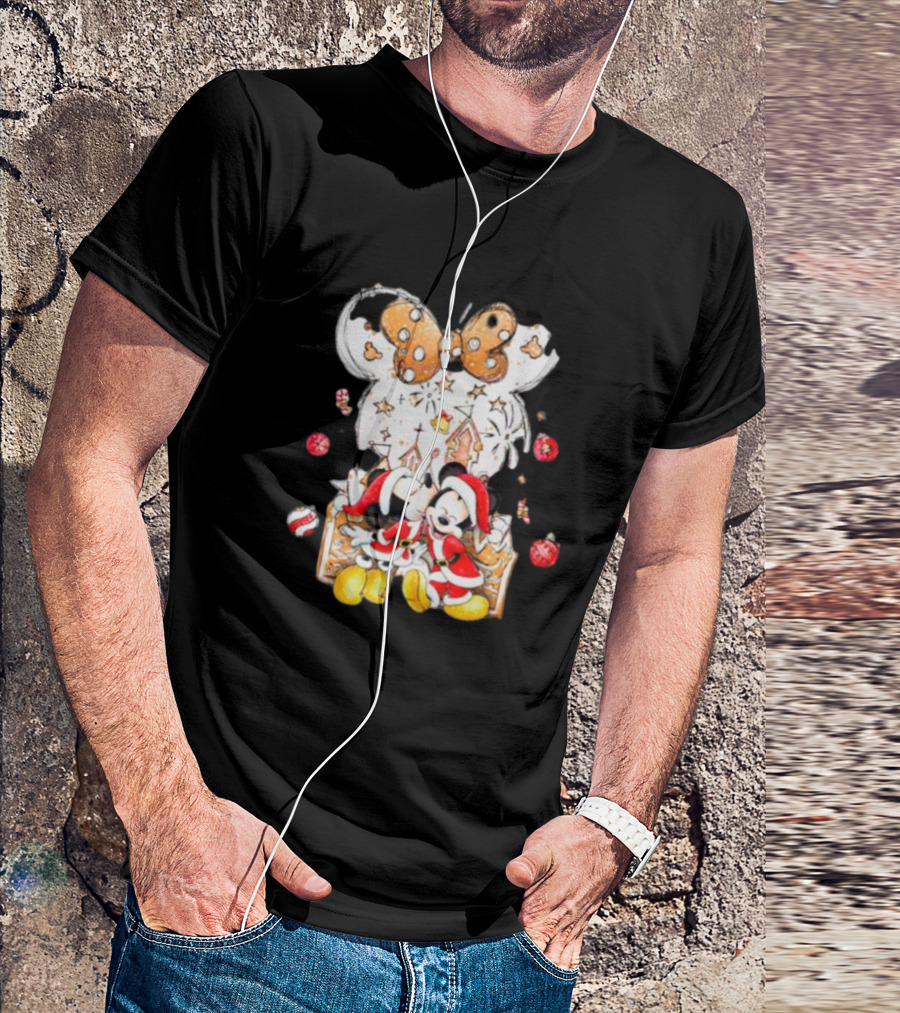 Mickey And Minnie Christmas Castle Gingerbread Mouse Ears Holiday Scene T-Shirt