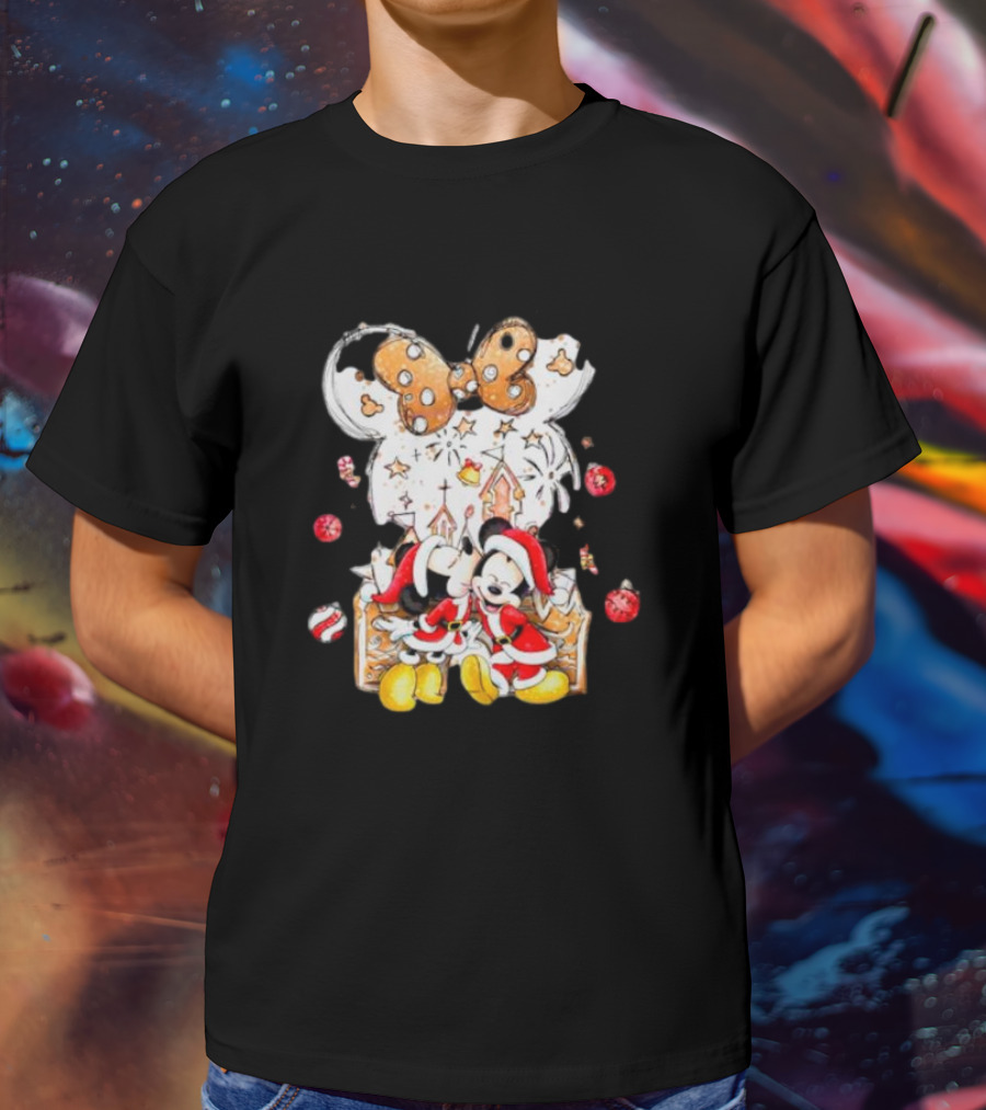 Mickey And Minnie Christmas Castle Gingerbread Mouse Ears Holiday Scene T-Shirt