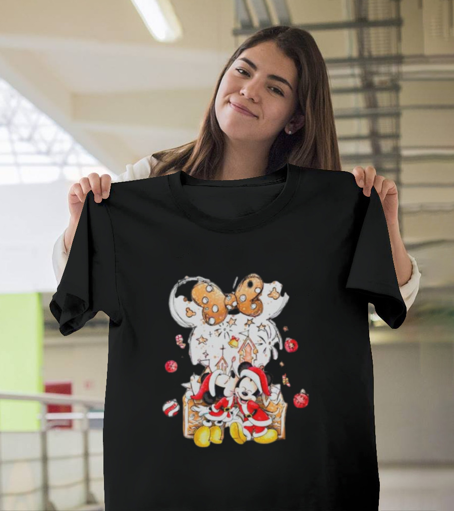 Mickey And Minnie Christmas Castle Gingerbread Mouse Ears Holiday Scene T-Shirt