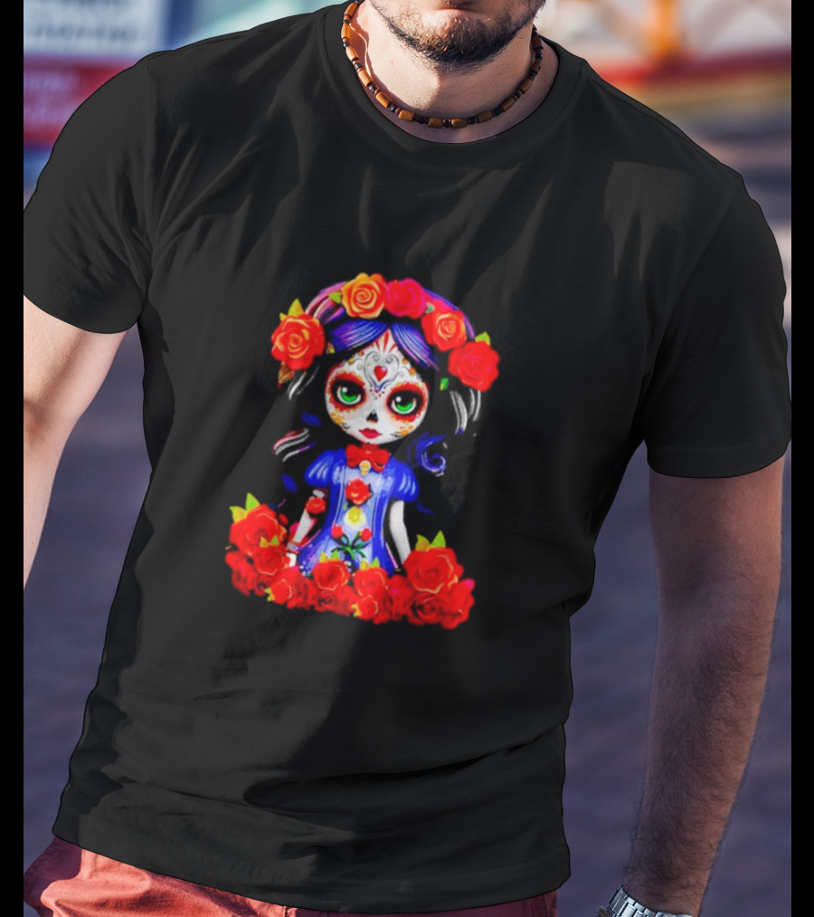 Women LA Catrina Day Of The Dead Floral Rose Adorned T-Shirt