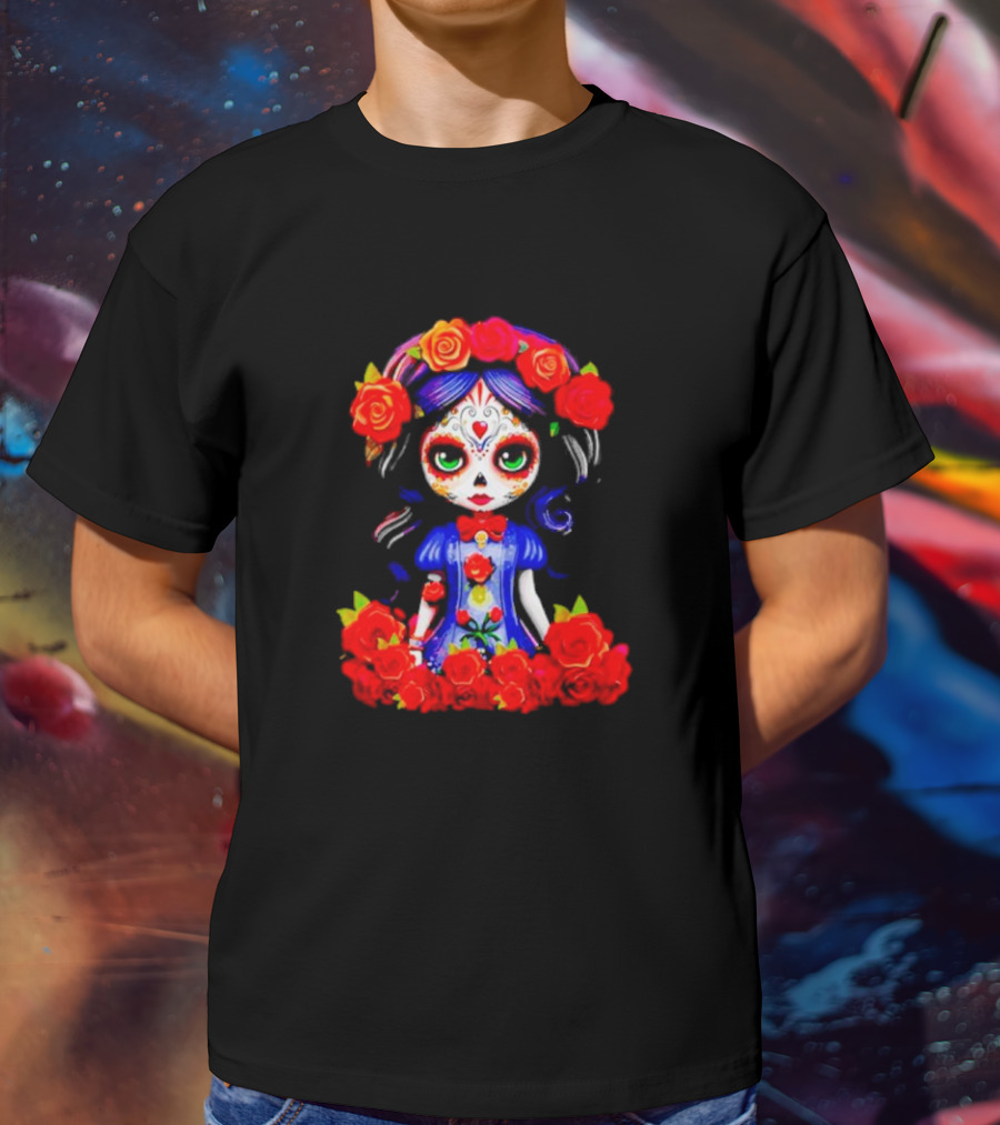 Women LA Catrina Day Of The Dead Floral Rose Adorned T-Shirt