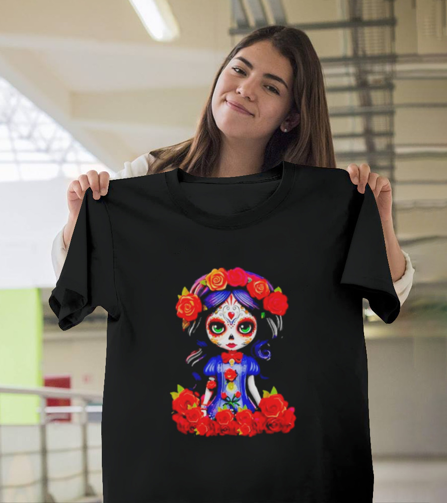 Women LA Catrina Day Of The Dead Floral Rose Adorned T-Shirt