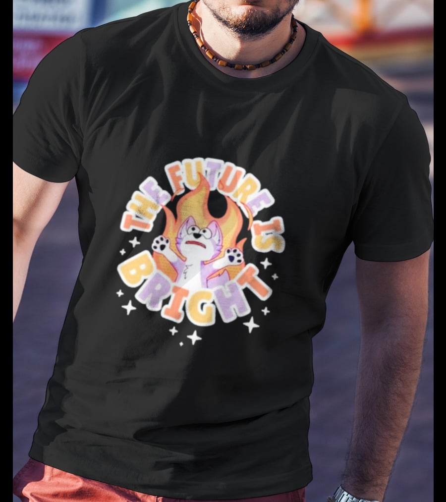 The Future Is Bright Flaming Cartoon Cat With Stars And Flames T-Shirt