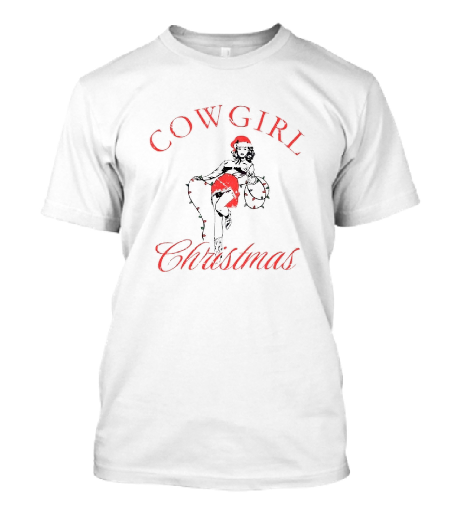 Cowgirl Christmas Santa Hat Festive Lights Retro Pin-Up T-Shirt