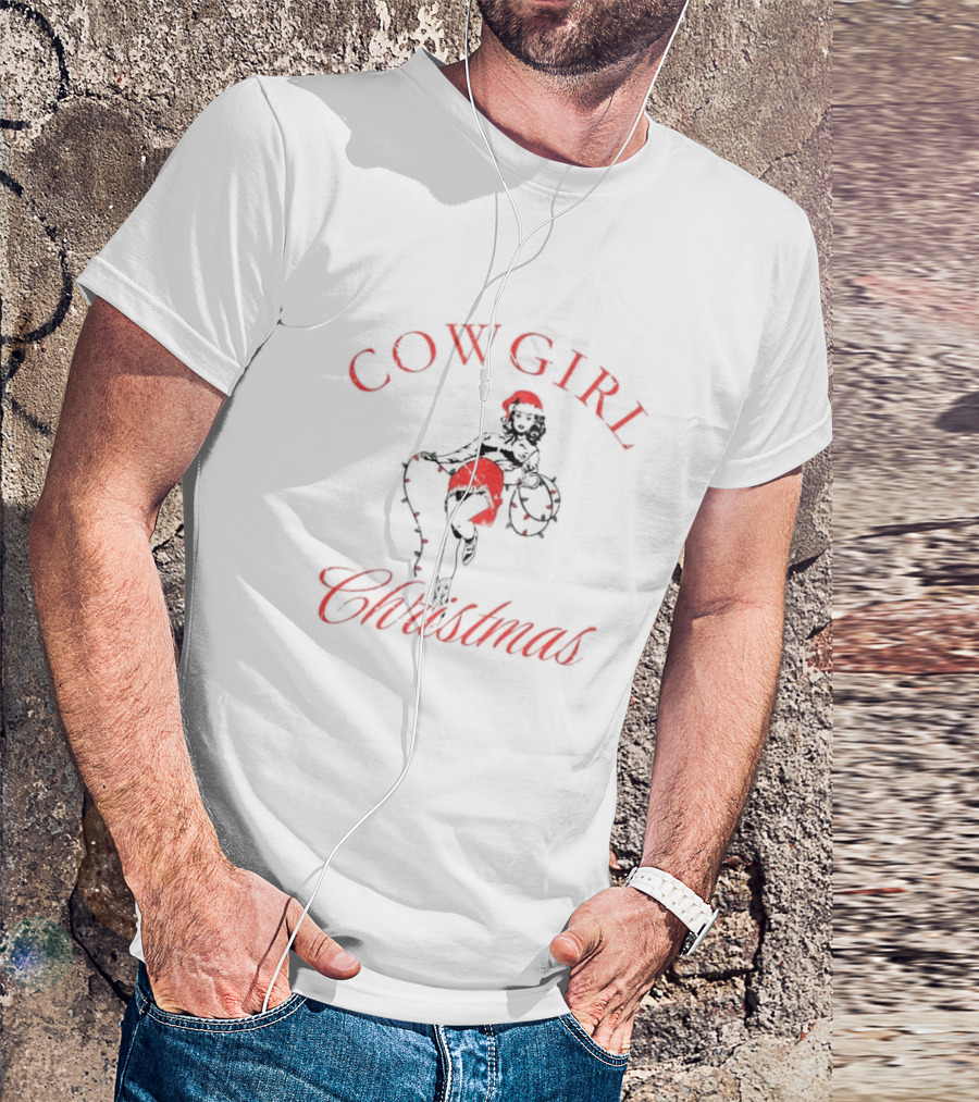 Cowgirl Christmas Santa Hat Festive Lights Retro Pin-Up T-Shirt