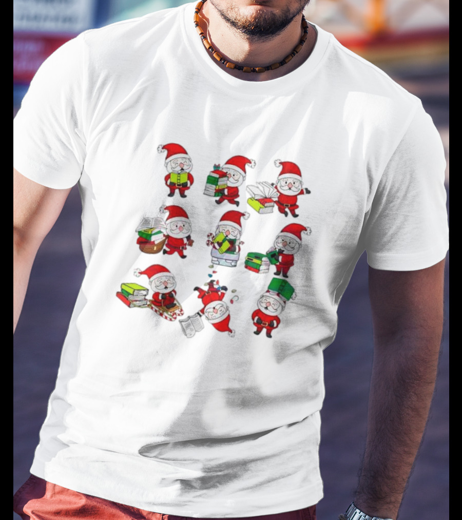Funny Santa Claus Reading Books And Carrying Stacks In Various Poses T-Shirt