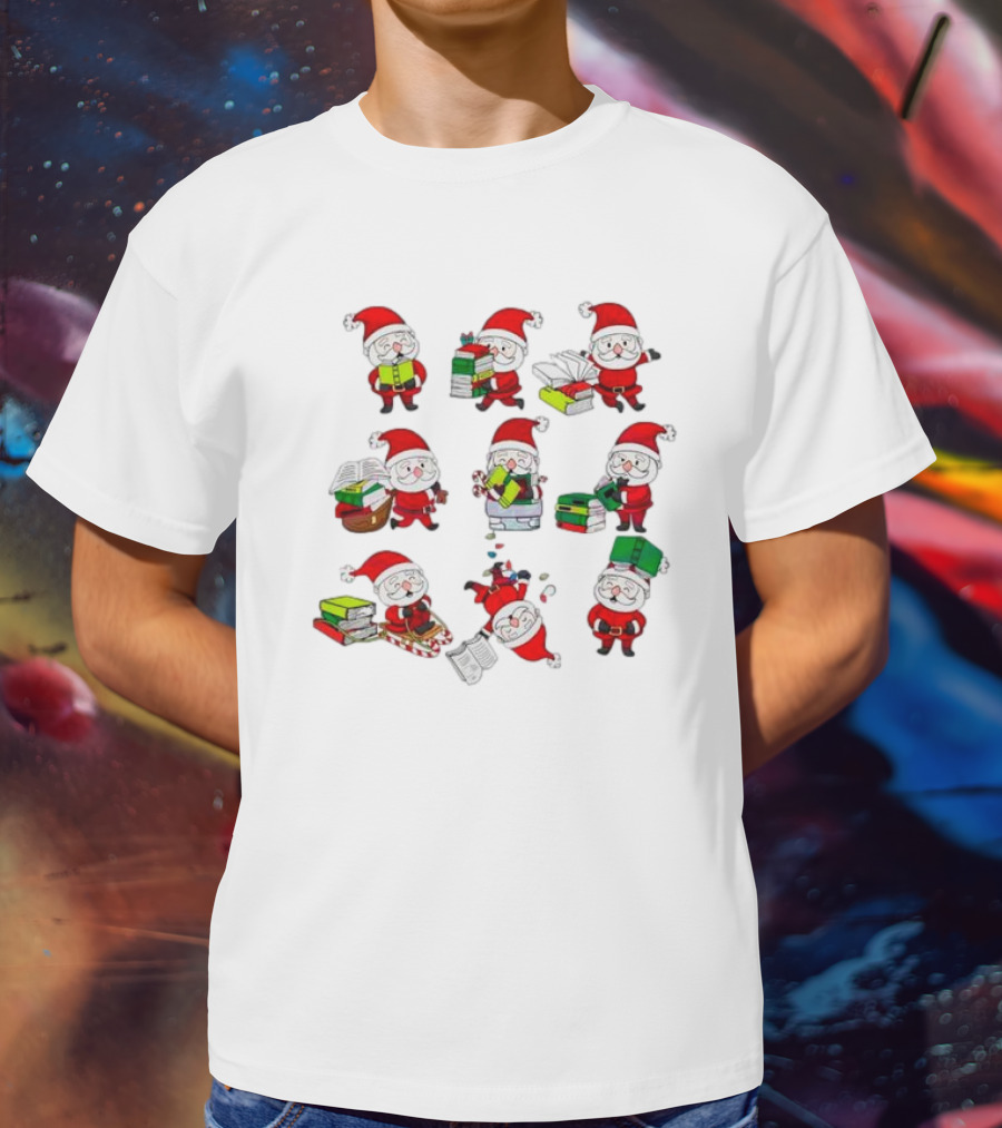 Funny Santa Claus Reading Books And Carrying Stacks In Various Poses T-Shirt