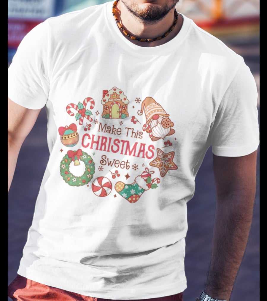 Make This Christmas Sweet Gingerbread House Candy Cane Stocking Wreath T-Shirt