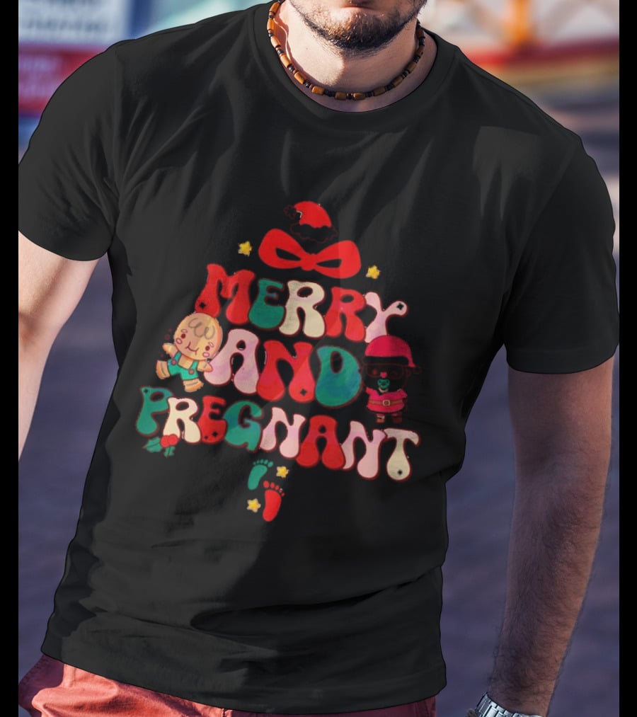 Merry And Pregnant Christmas Tree Baby Reveal With Santa Hat And Gingerbread People T-Shirt