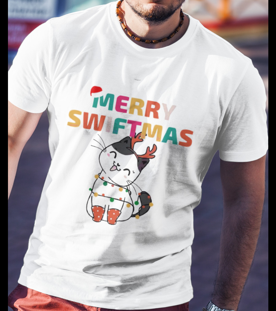 Merry Swiftmas Christmas Cat With Reindeer Antlers And Festive Lights T-Shirt