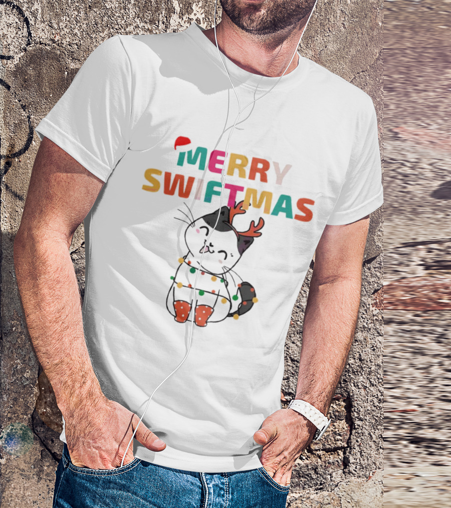 Merry Swiftmas Christmas Cat With Reindeer Antlers And Festive Lights T-Shirt