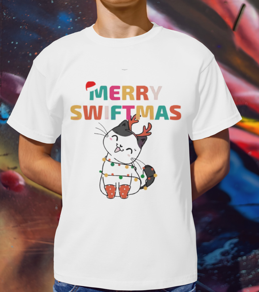 Merry Swiftmas Christmas Cat With Reindeer Antlers And Festive Lights T-Shirt