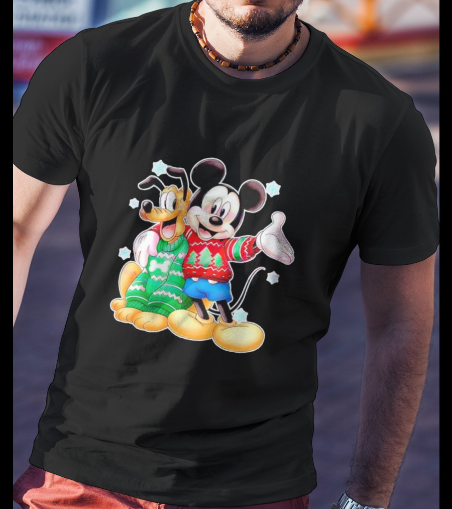 Mickey And Pluto Christmas Sweater Holiday Scene T-Shirt